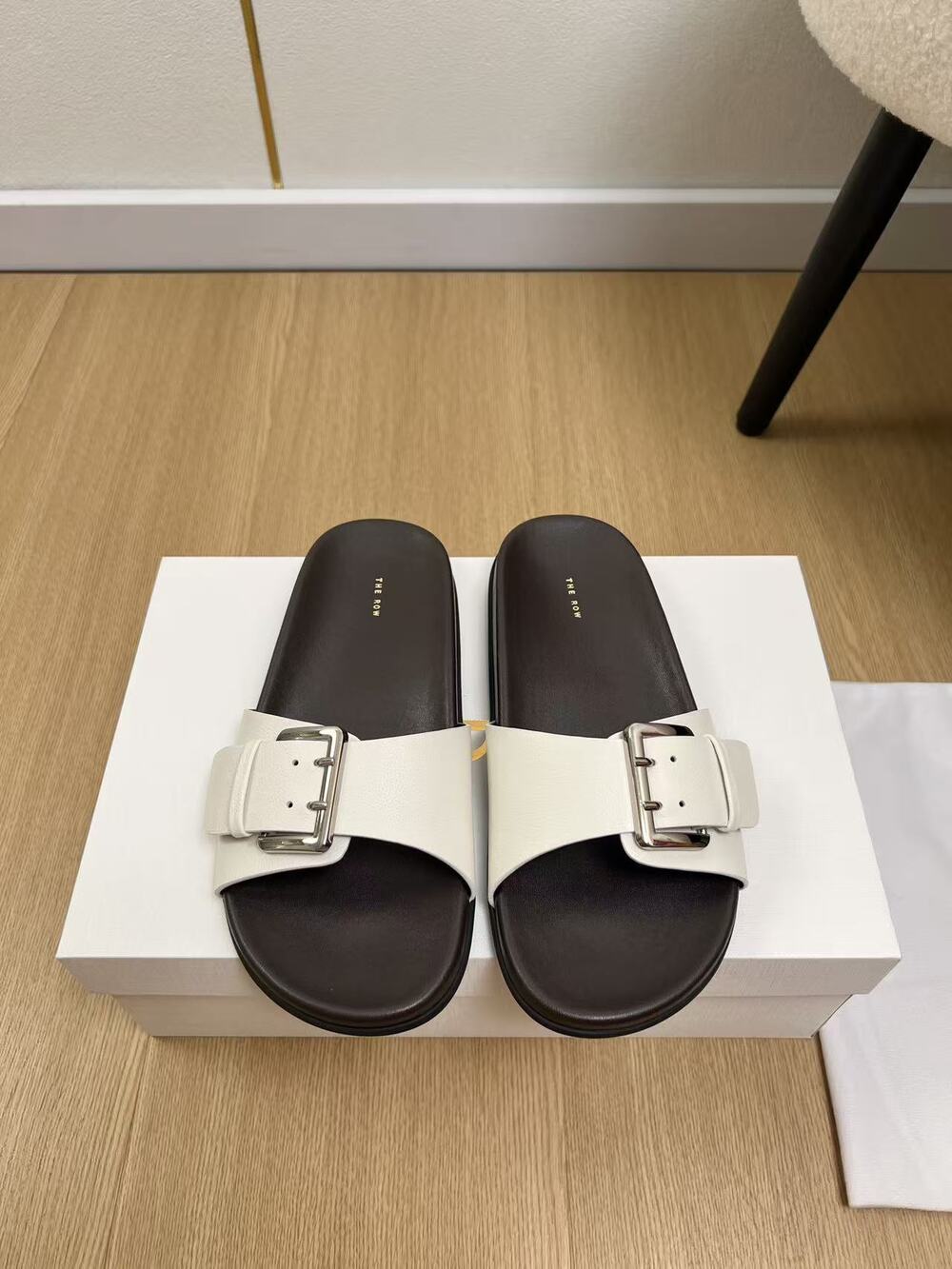 The Row Leather Slide Sandals White Adjustable Buckle with Shoe Box